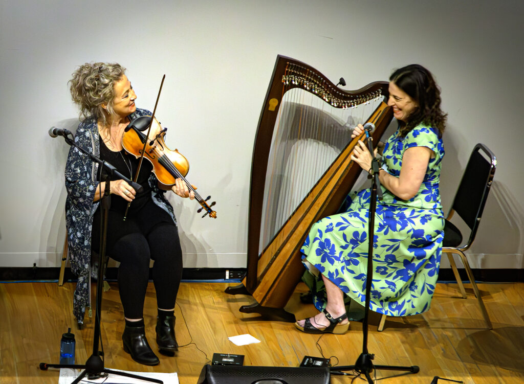 Liz Knowles and Eileen Gannon playing fiddle and harp during a concert.